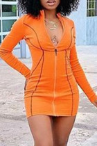 Оранжевые модные сексуальные однотонные базовые платья-карандаш с воротником на молнии