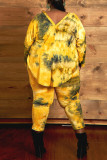 Conjunto de tamanho grande com impressão tie dye amarelo moda casual decote em V