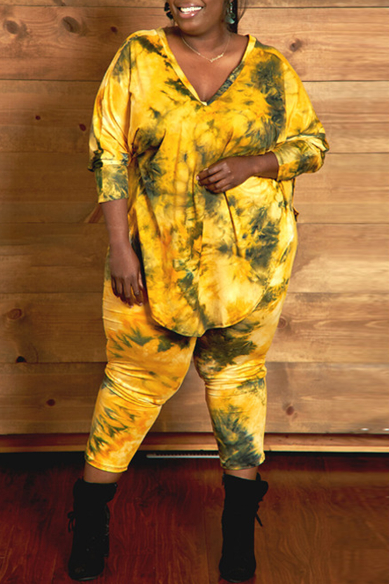 

Yellow Fashion Casual Tie Dye Printing V Neck Plus Size Set