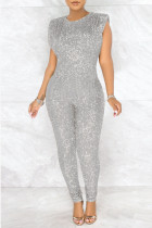 Silver Fashion Sexy Solid Without Belt O Neck Regular Jumpsuits