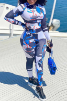 ブルー カジュアル プリント パッチワーク O ネック スキニー ジャンプスーツ