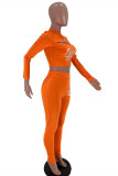 Orange Fashion Casual Letter Embroidery Hollowed Out O Neck Long Sleeve Two Pieces