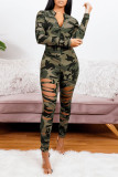 Camouflage Fashion Casual Camouflage Print Ripped Zipper Collar Skinny Jumpsuits