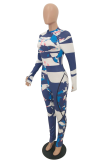 Blue Casual Print Patchwork O Neck Skinny Jumpsuits