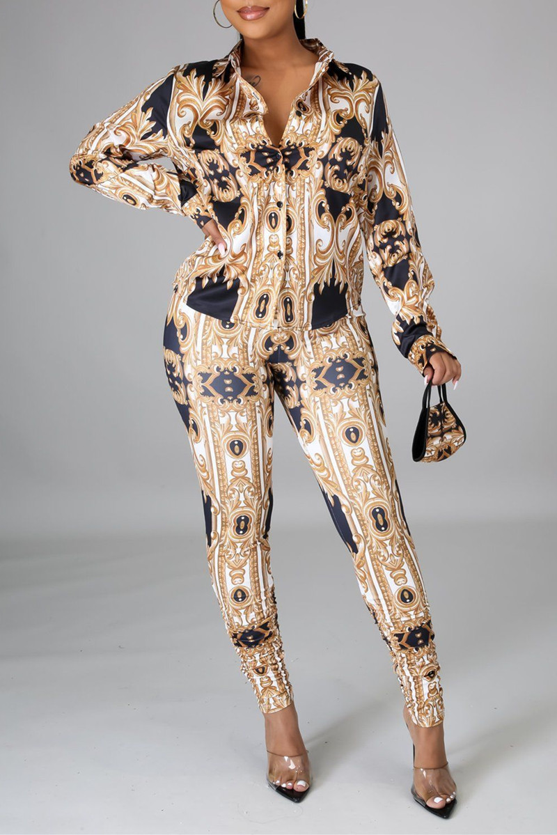 

Gold Fashion Casual Print Basic Turndown Collar Long Sleeve Two Pieces
