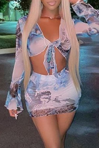 Multicolor Fashion Sexy Print Strap Design V Neck Long Sleeve Two Pieces