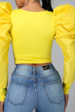 Yellow Street Solid Patchwork O Neck Tops