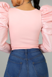 Pink Street Solid Patchwork O Neck Tops