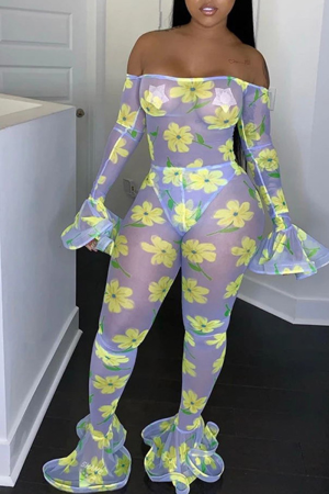 Yellow Sexy Print See-through Bateau Neck Skinny Jumpsuits