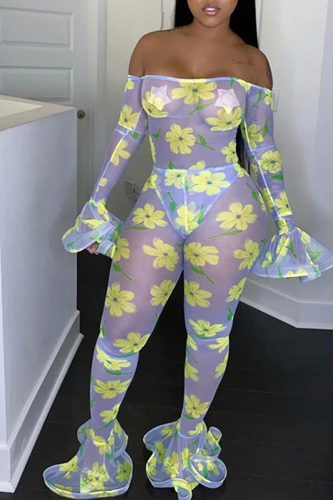 Yellow Sexy Print See-through Bateau Neck Skinny Jumpsuits