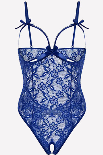Teddies de lingerie transparents évidés solides à la mode bleue