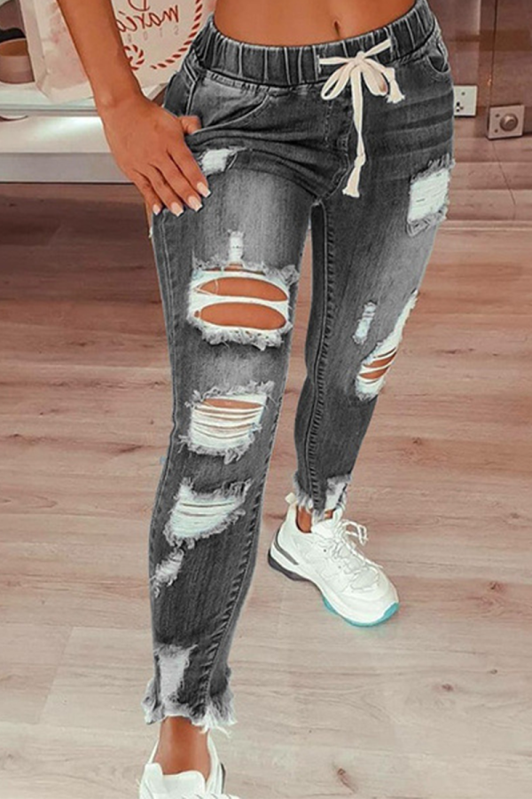 Рваные джинсы скинни серого цвета в стиле пэчворк с высокой талией
