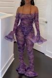 Purple Sexy Print See-through Bateau Neck Skinny Jumpsuits