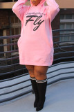 Roze Mode Casual Letter Print Basic Hooded Kraag Lange Mouw Plus Size Jurk