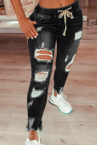 Zwarte casual patchwork gescheurde skinny jeans met hoge taille