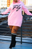 アーミーグリーンファッションカジュアルレタープリントベーシックフード付きカラー長袖プラスサイズドレス