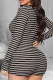 Black Casual Striped Buttons V Neck Regular Rompers