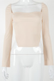 Apricot Fashion Daily Solid Patchwork Square Collar Mid Waist Tops