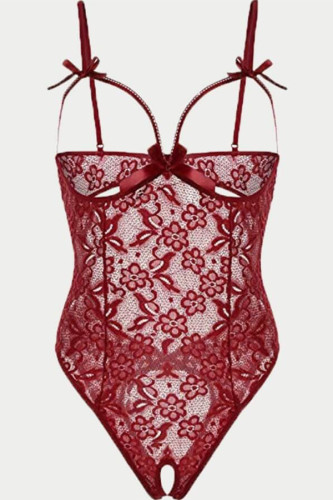 Nounours en lingerie transparent évidé à la mode rouge vin rouge solide