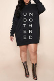 Black Fashion Casual Letter Print Basic Hooded Collar Long Sleeve Plus Size Dress