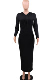 ブラック エレガント ソリッド パッチワーク フード付きカラー ペンシル スカート ドレス