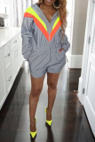 Grey Casual Print Patchwork Hooded Collar Regular Rompers