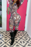 Kaki sexy skinny jumpsuits met patchwork en ritskraag