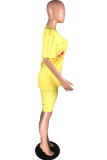Желтый Модный повседневный принт с круглым вырезом и короткими рукавами из двух частей
