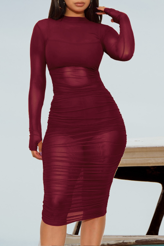 Red Sexy Solid See-through Mesh Half A Turtleneck Pencil Skirt Dresses