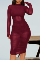Rojo Sexy Sólido Malla transparente Medio cuello alto Lápiz Vestidos de falda
