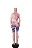 Multicolore Fashion Casual Letter Print Tie-dye O Neck Short Sleeve Two Pieces