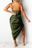 Vestido de cabestrillo de cuello cuadrado sin espalda con cordón de dibujo sólido sexy de moda verde