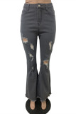 Grey Fashion Casual Solid Mid Waist Boot Cut Flare Leg Ripped Denim Jeans