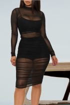 Schwarze, sexy, durchsichtige Mesh-Kleider mit halbem Rollkragen und Bleistiftrock