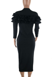Черные повседневные однотонные лоскутные платья-юбки с круглым вырезом и запахом
