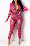Rose Red Fashion Street Adult Solid See-through O Neck Skinny Jumpsuits