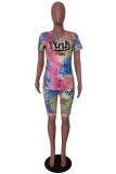 Multicolor Fashion Casual Letter Print Tie-dye O Neck Short Sleeve Two Pieces
