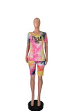 Yellow Fashion Casual Letter Print Tie-dye O Neck Short Sleeve Two Pieces