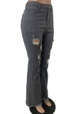 Pantalones vaqueros de corte de bota de cintura media rasgados sólidos casuales de moda gris