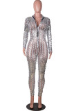 Rose Gold Fashion Street Adult Solid See-through O Neck Skinny Jumpsuits