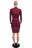 Red Sexy Solid See-through Mesh Half A Turtleneck Pencil Skirt Dresses