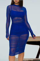 Blaue, sexy, durchsichtige Mesh-Kleider mit halbem Rollkragen und Bleistiftrock