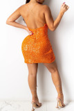 Orangefarbenes, modisches, sexy, einfarbiges Patchwork-Kleid mit rückenfreiem V-Ausschnitt und Pailletten