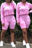 ピンク ファッション カジュアル プリント タイダイ ジッパー カラー ロング スリーブ XNUMX ピース