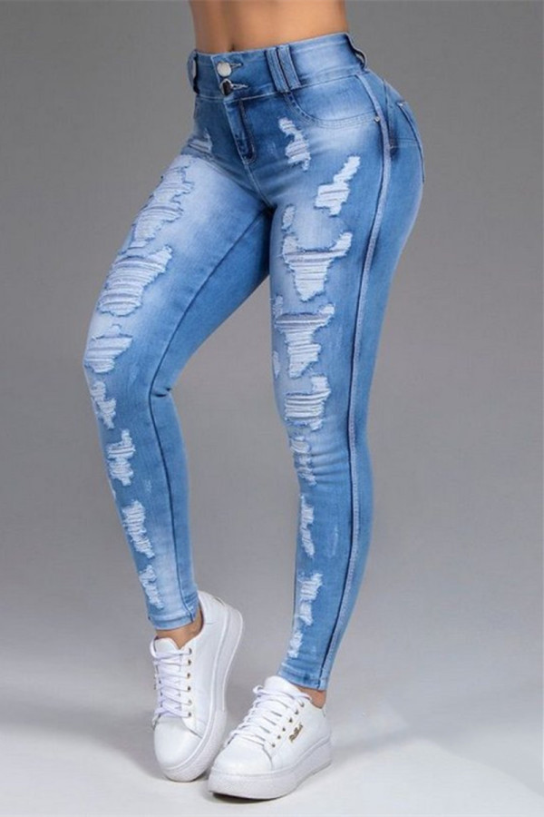 Jeans skinny azul casual sólido rasgado cintura média