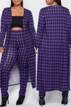 Pantalones cárdigan estampados casuales de moda púrpura manga larga de dos piezas