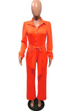 Combinaisons bouton décontracté solide drapé tricot manches longues col en V orange
