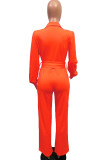 Orange Casual Button Solid Draperad Stickning Långärmad V-hals Jumpsuits