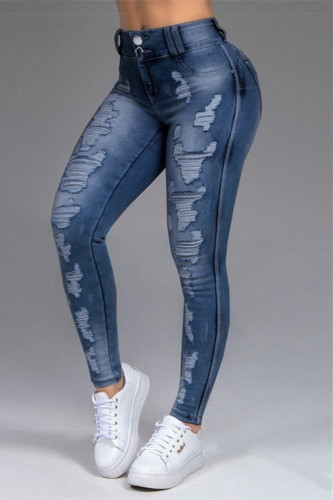 Dark Blue Casual Mid Waist Skinny Ripped Denim Jeans