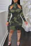Army Green Fashion Sexy Camouflage Print Hollowed Out Turtleneck Long Sleeve Dresses
